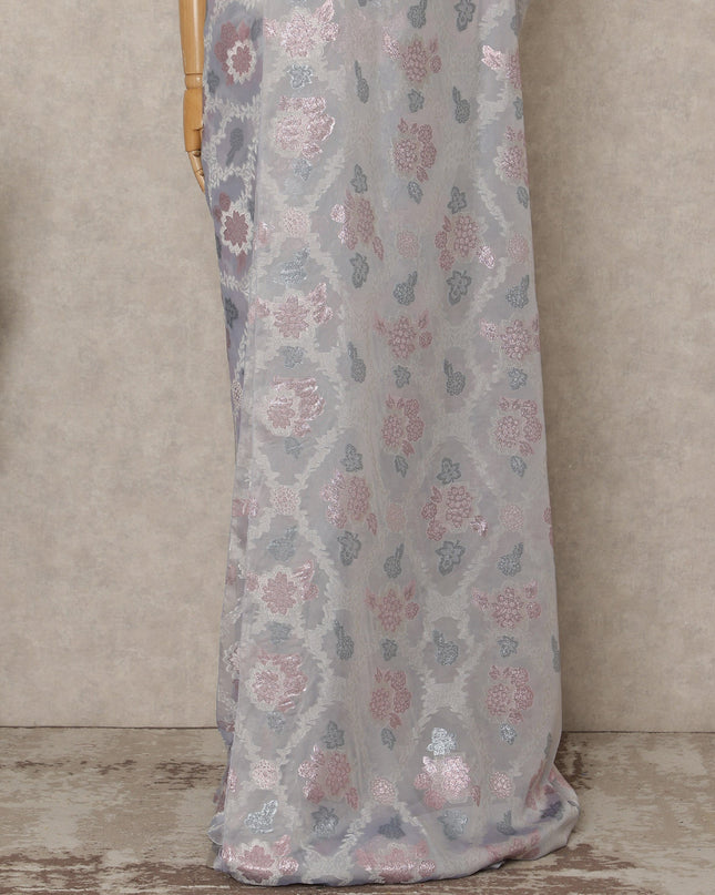 Light Grey Premium French Silk Chiffon Saree With Pink And Silver Floral Woven Design 5.5 Mtrs Length 110 Cms Width, Made in France and  Blouse Not Included-D27224