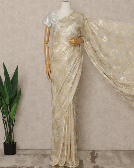 Ivory Premium French Silk Chiffon Saree With Gold Leaf Woven Design 5.5 Mtrs Length 110 Cms Width, Made in France and  Blouse Not Included-D27218