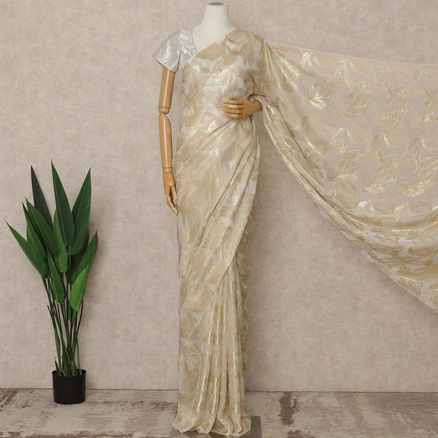 Ivory Premium French Silk Chiffon Saree With Gold Leaf Woven Design 5.5 Mtrs Length 110 Cms Width, Made in France and  Blouse Not Included-D27218