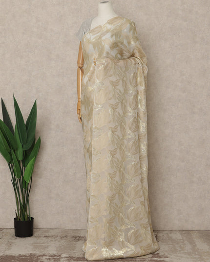 Ivory Premium French Silk Chiffon Saree With Gold Leaf Woven Design 5.5 Mtrs Length 110 Cms Width, Made in France and  Blouse Not Included-D27218
