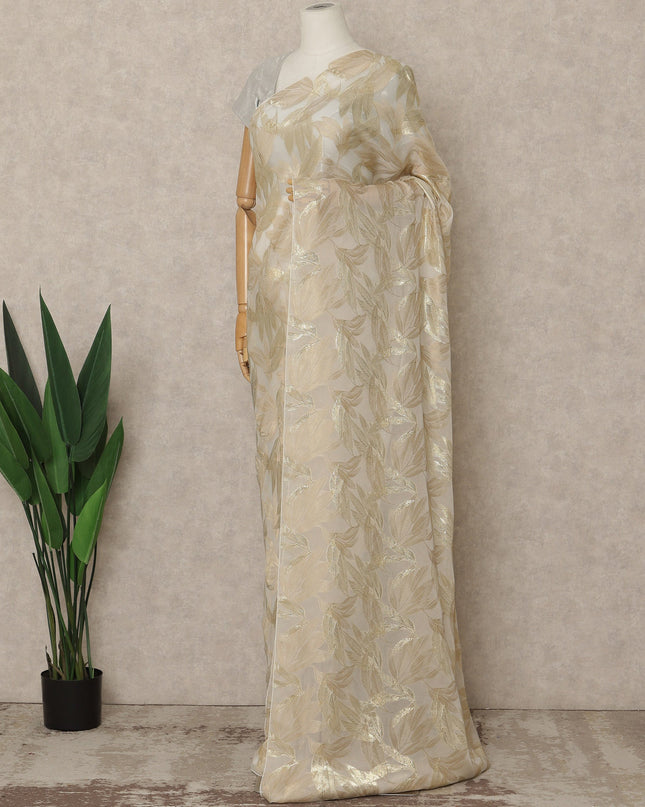 Ivory Premium French Silk Chiffon Saree With Gold Leaf Woven Design 5.5 Mtrs Length 110 Cms Width, Made in France and  Blouse Not Included-D27218