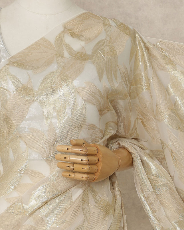 Ivory Premium French Silk Chiffon Saree With Gold Leaf Woven Design 5.5 Mtrs Length 110 Cms Width, Made in France and  Blouse Not Included-D27218