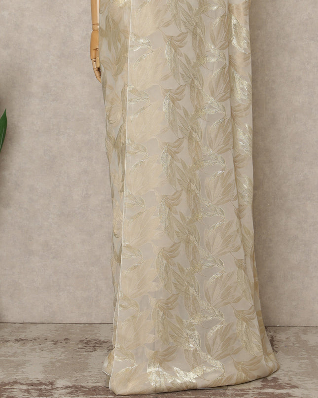 Ivory Premium French Silk Chiffon Saree With Gold Leaf Woven Design 5.5 Mtrs Length 110 Cms Width, Made in France and  Blouse Not Included-D27218