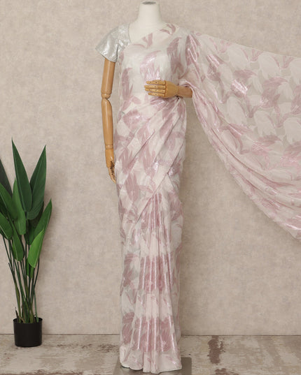 Ivory White Premium French Silk Chiffon Saree With Blush Pink Metallic Leaf Woven Design 5.5 Mtrs Length 110 Cms Width, Made in France and  Blouse Not Included-D27230
