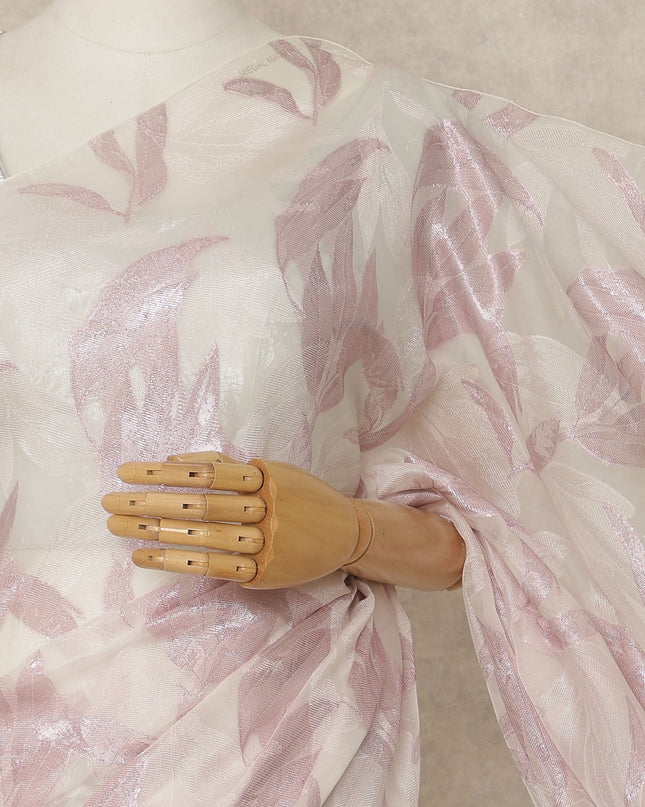 Ivory White Premium French Silk Chiffon Saree With Blush Pink Metallic Leaf Woven Design 5.5 Mtrs Length 110 Cms Width, Made in France and  Blouse Not Included-D27230