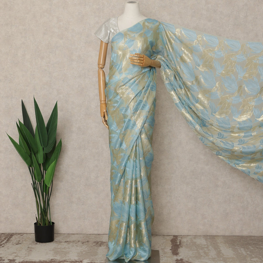 Light Blue Premium French Silk Chiffon Saree With Gold Leaf Woven Design 5.5 Mtrs Length 110 Cms Width, Made in France and  Blouse Not Included-D27219