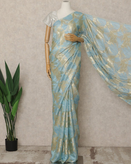 Sky Blue Gold Metallic French Chiffon Saree 5.5 Meters Length 110 Cms Width Lightweight Printed Elegant Party Wear Soft Flowy Fabric Premium Quality Without Blouse Piece-D28718 Regal Fabrics