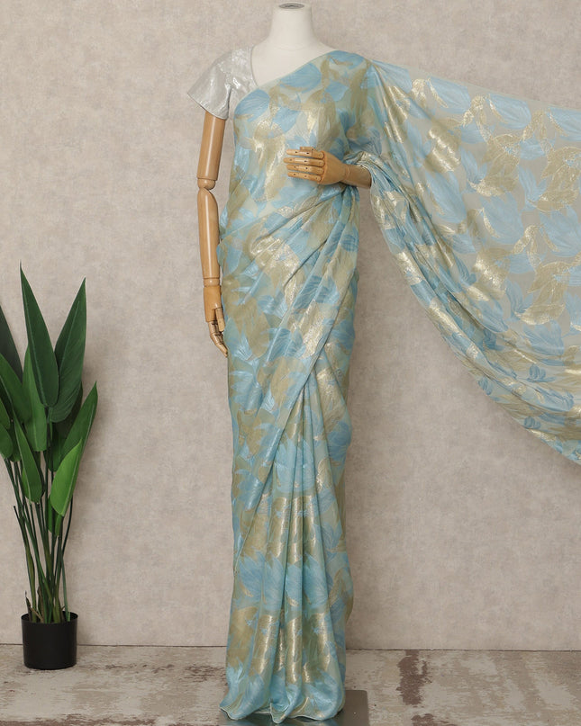 Sky Blue Gold Metallic French Chiffon Saree 5.5 Meters Length 110 Cms Width Lightweight Printed Elegant Party Wear Soft Flowy Fabric Premium Quality Without Blouse Piece-D28718 Regal Fabrics