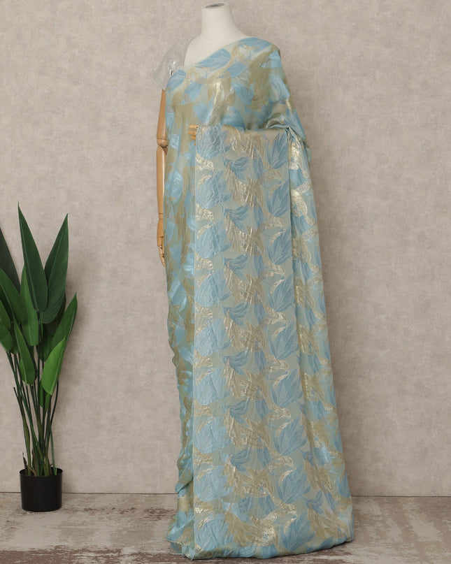 Light Blue Premium French Silk Chiffon Saree With Gold Leaf Woven Design 5.5 Mtrs Length 110 Cms Width, Made in France and  Blouse Not Included-D27219