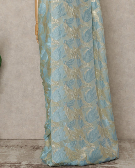Light Blue Premium French Silk Chiffon Saree With Gold Leaf Woven Design 5.5 Mtrs Length 110 Cms Width, Made in France and  Blouse Not Included-D27219