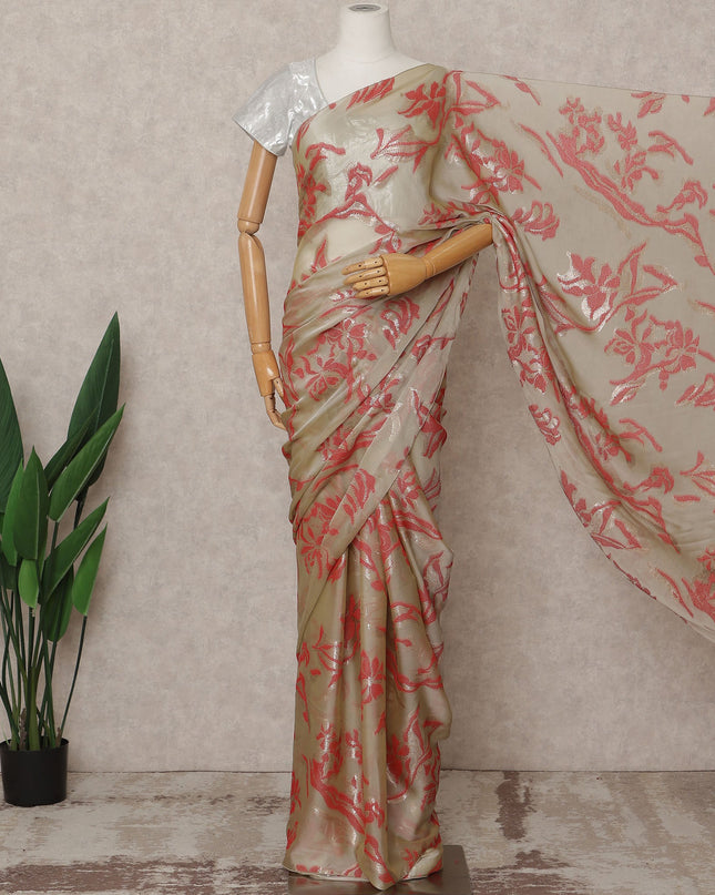 Beige Red Premium French Pure Silk Chiffon Saree Fabric – 5.5 Meters Length, Width 110 Cms, Made in France-D25621