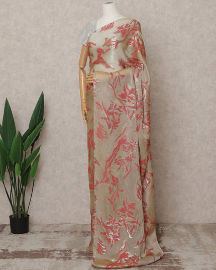 ساري شيفون حرير فرنسي فاخر باللون البيج والأحمر - طول 5.5 متر، عرض 110 سم، صنع في فرنسا - D25621