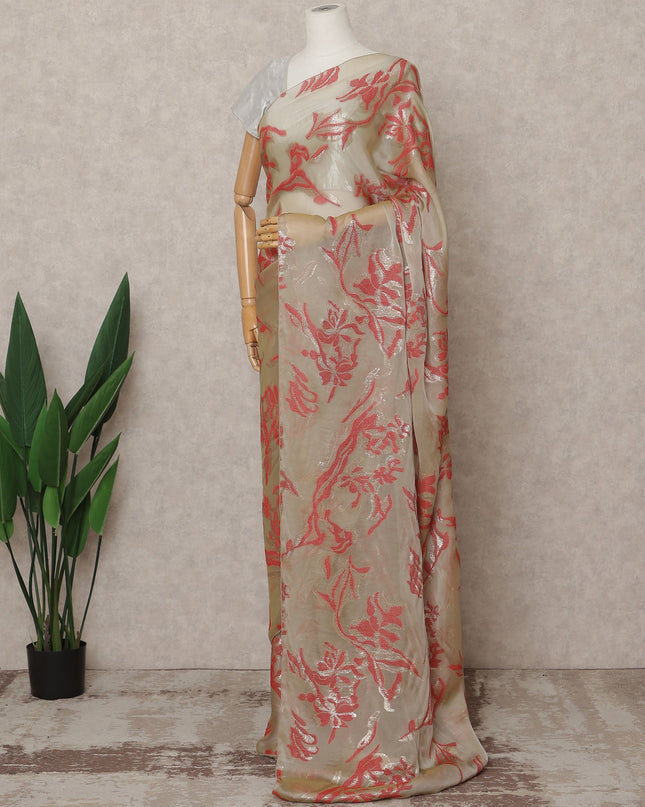 Beige Red Premium French Pure Silk Chiffon Saree Fabric – 5.5 Meters Length, Width 110 Cms, Made in France-D25621