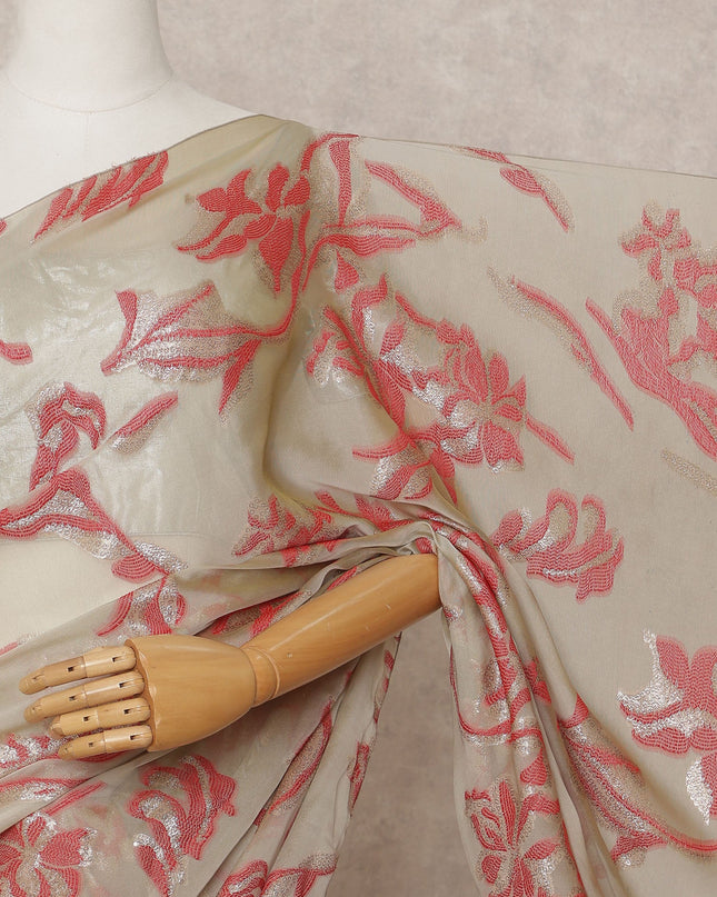 Beige Red Premium French Pure Silk Chiffon Saree Fabric – 5.5 Meters Length, Width 110 Cms, Made in France-D25621