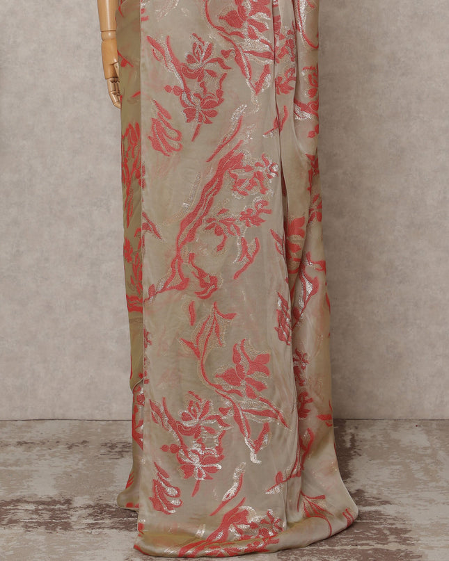 Beige Red Premium French Pure Silk Chiffon Saree Fabric – 5.5 Meters Length, Width 110 Cms, Made in France-D25621