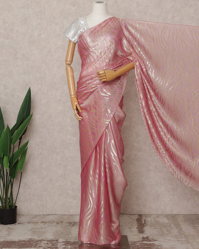 Baby Pink Premium French Pure Silk Chiffon Saree Fabric with Metallic Wave Design – 5.5 Meters Length, Width 110 Cms, Made in France-D25625