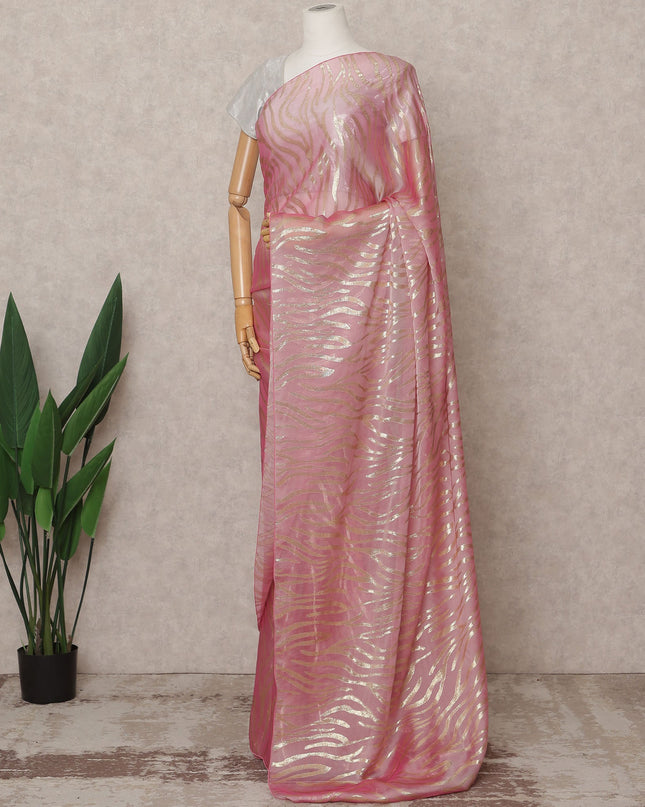 Baby Pink Premium French Pure Silk Chiffon Saree Fabric with Metallic Wave Design – 5.5 Meters Length, Width 110 Cms, Made in France-D25625