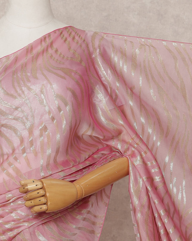 Baby Pink Premium French Pure Silk Chiffon Saree Fabric with Metallic Wave Design – 5.5 Meters Length, Width 110 Cms, Made in France-D25625