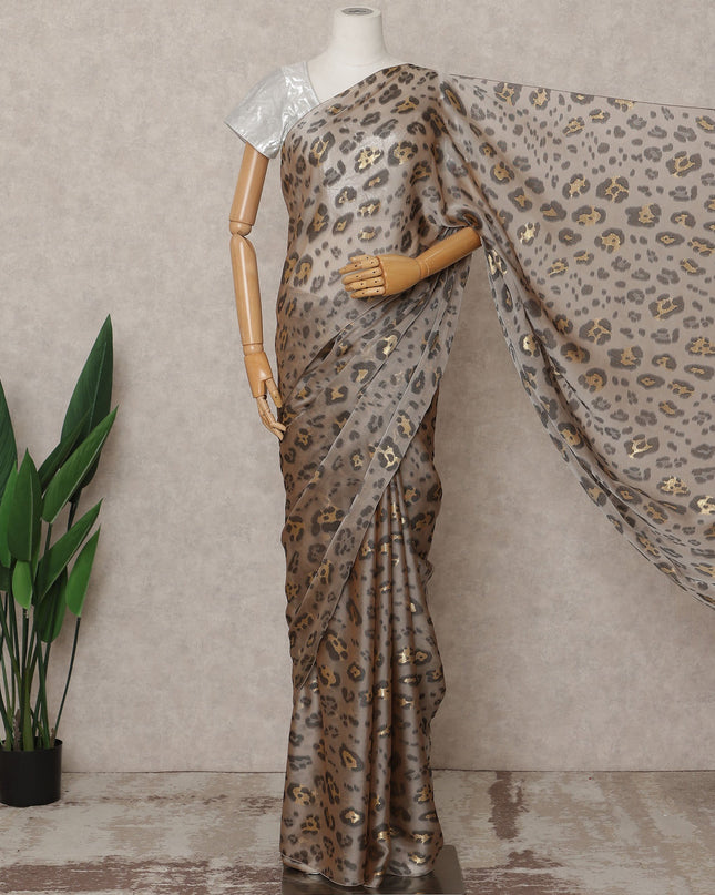 Taupe Grey Premium French Pure Silk Chiffon Saree Fabric with Metallic Leopard Design – 5.5 Meters Length, Width 110 Cms, Made in France-D25629