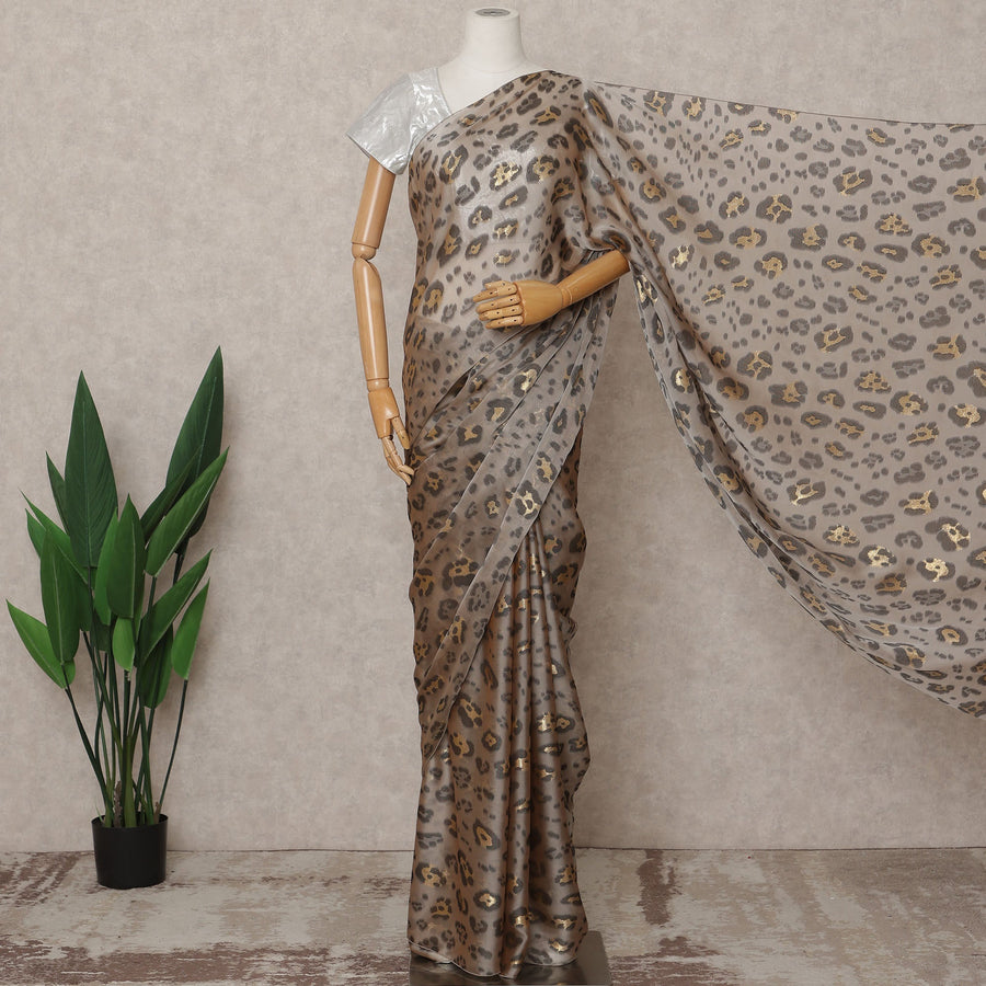 Taupe Grey Premium French Pure Silk Chiffon Saree Fabric with Metallic Leopard Design – 5.5 Meters Length, Width 110 Cms, Made in France-D25629
