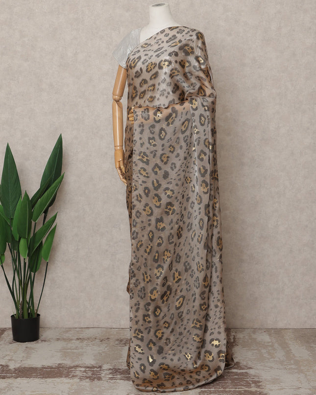 Taupe Grey Premium French Pure Silk Chiffon Saree Fabric with Metallic Leopard Design – 5.5 Meters Length, Width 110 Cms, Made in France-D25629