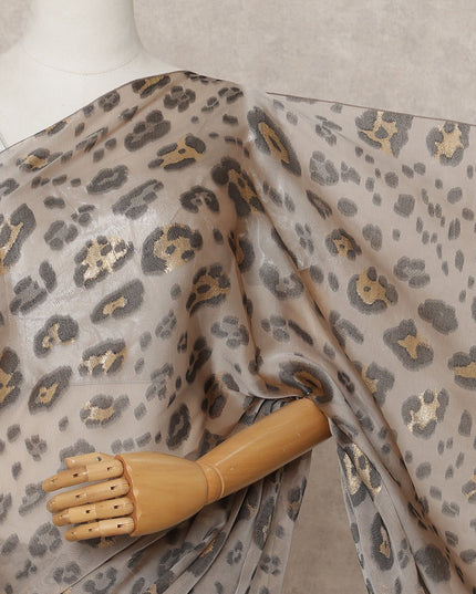 Taupe Grey Premium French Pure Silk Chiffon Saree Fabric with Metallic Leopard Design – 5.5 Meters Length, Width 110 Cms, Made in France-D25629