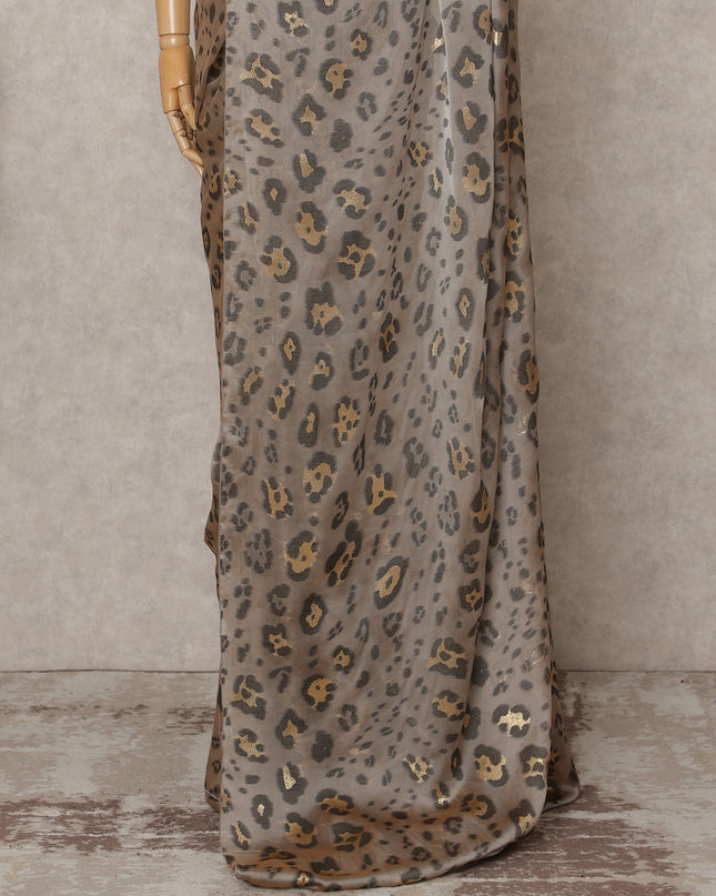 Taupe Grey Premium French Pure Silk Chiffon Saree Fabric with Metallic Leopard Design – 5.5 Meters Length, Width 110 Cms, Made in France-D25629