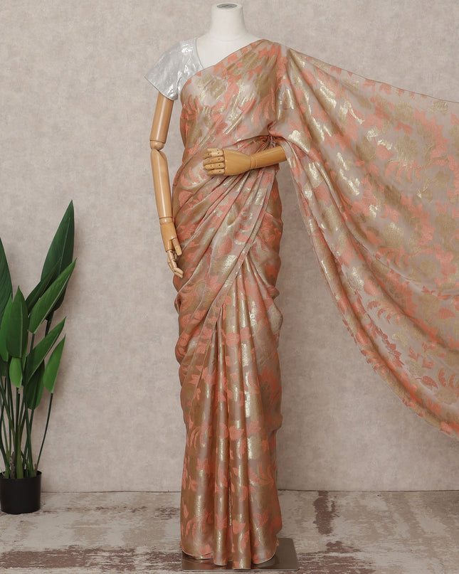 Peach Gold Premium French Pure Silk Chiffon Saree Fabric – 5.5 Meters Length, Width 110 Cms, Made in France-D25622