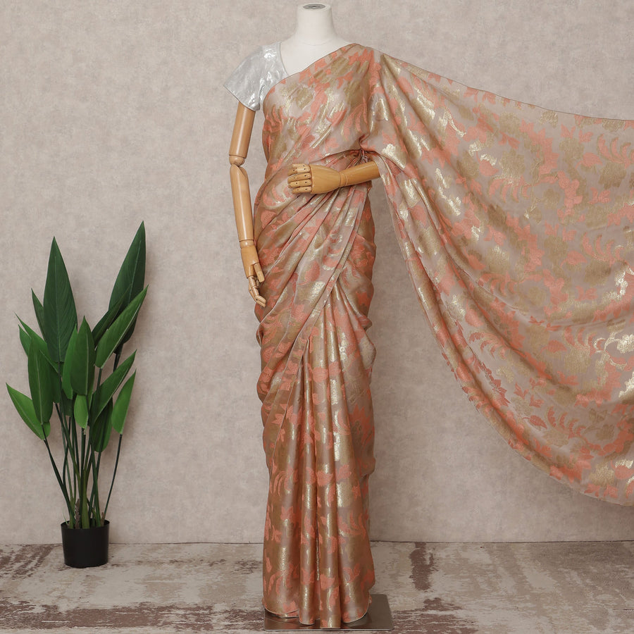 قماش ساري شيفون حرير فرنسي فاخر بلون الخوخ الذهبي - طول 5.5 متر، عرض 110 سم، صنع في فرنسا - D25622