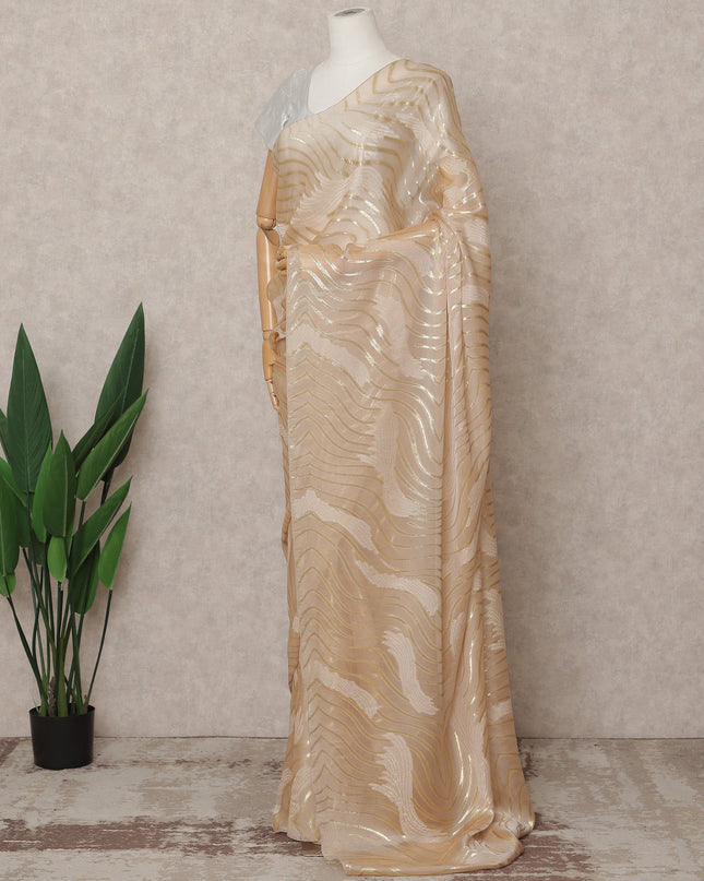 Champagne Gold Premium French Pure Silk Chiffon Saree Fabric with Metallic Wave Design – 5.5 Meters Length, Width 110 Cms, Made in France-D25627