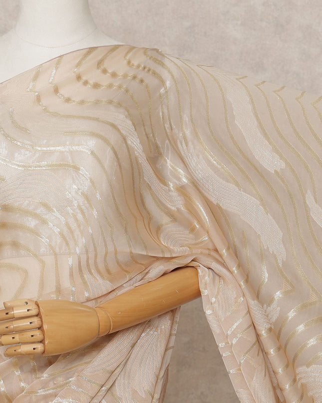 Champagne Gold Premium French Pure Silk Chiffon Saree Fabric with Metallic Wave Design – 5.5 Meters Length, Width 110 Cms, Made in France-D25627