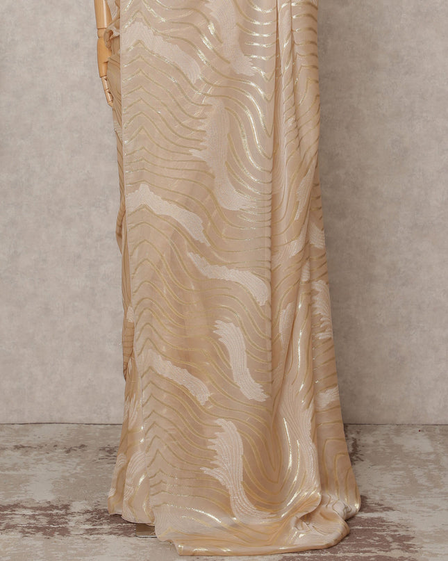 Champagne Gold Premium French Pure Silk Chiffon Saree Fabric with Metallic Wave Design – 5.5 Meters Length, Width 110 Cms, Made in France-D25627