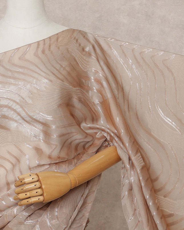 Nude Beige Premium French Pure Silk Chiffon Saree Fabric with Metallic Wave Design – 5.5 Meters Length, Width 110 Cms, Made in France-D25628 Regal Fabrics