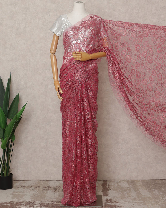 Dark Pink Premium French Metallic Chantilly Lace Saree Fabric – 5.5 Meters Length, 110 Cms Width, Imported from France-D25713 Regal Fabrics