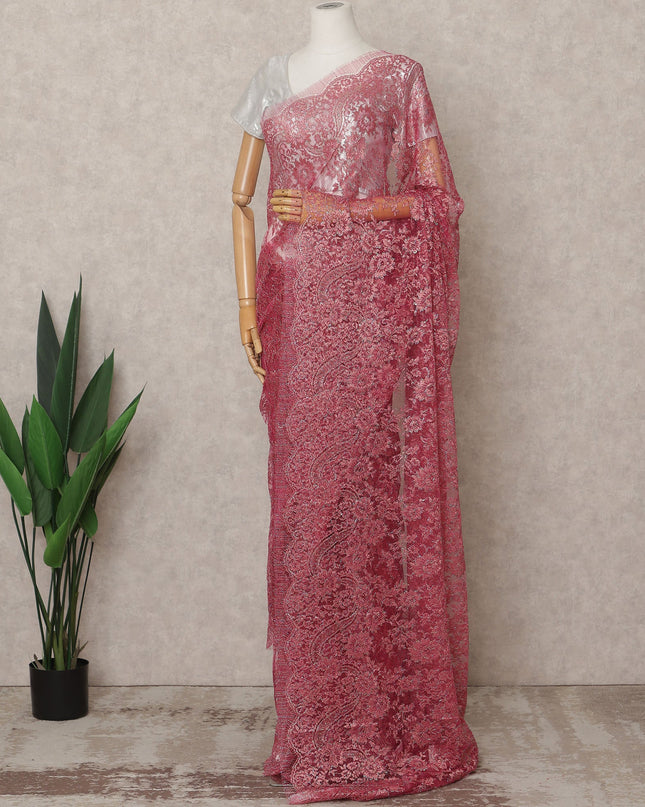 Dark Pink Premium French Metallic Chantilly Lace Saree Fabric – 5.5 Meters Length, 110 Cms Width, Imported from France-D25713 Regal Fabrics