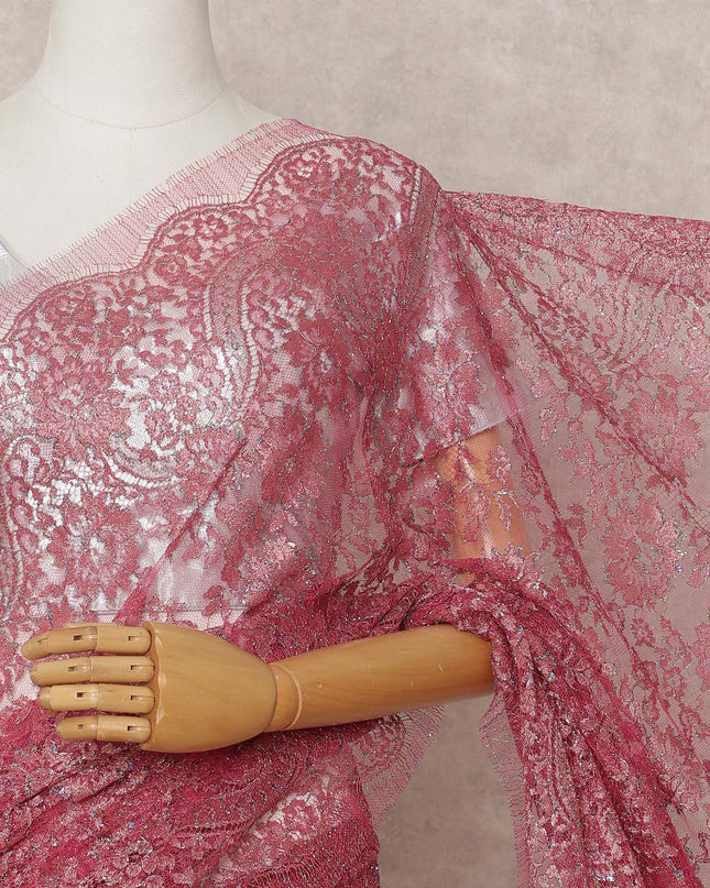 Dark Pink Premium French Metallic Chantilly Lace Saree Fabric – 5.5 Meters Length, 110 Cms Width, Imported from France-D25713 Regal Fabrics
