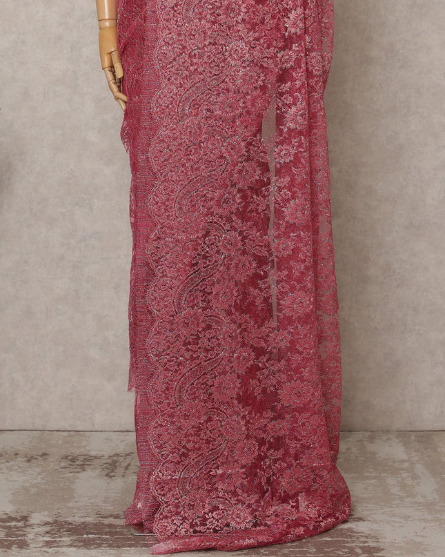 Dark Pink Premium French Metallic Chantilly Lace Saree Fabric – 5.5 Meters Length, 110 Cms Width, Imported from France-D25713 Regal Fabrics