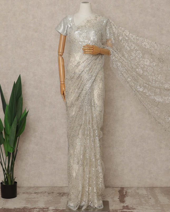 Ivory Silver Premium French Metallic Chantilly Saree Lace 5.5 Mtrs Length 110 Cms Width Designer Net Fabric Made In France, Blouse Not Included-D28124