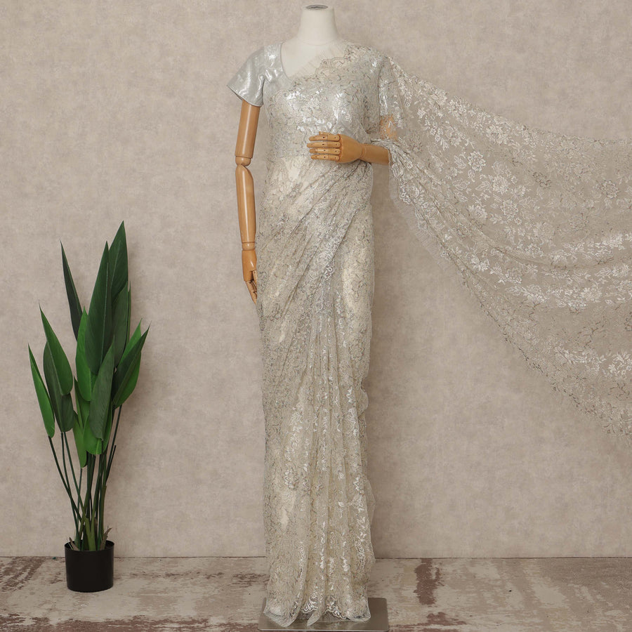 Ivory Silver Premium French Metallic Chantilly Saree Lace 5.5 Mtrs Length 110 Cms Width Designer Net Fabric Made In France, Blouse Not Included-D28124