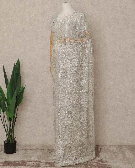 Ivory Silver Premium French Metallic Chantilly Saree Lace 5.5 Mtrs Length 110 Cms Width Designer Net Fabric Made In France, Blouse Not Included-D28124