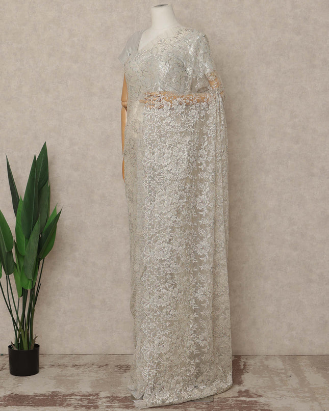 Ivory Silver Premium French Metallic Chantilly Saree Lace 5.5 Mtrs Length 110 Cms Width Designer Net Fabric Made In France, Blouse Not Included-D28124