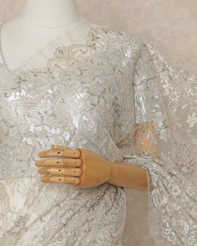 Ivory Silver Premium French Metallic Chantilly Saree Lace 5.5 Mtrs Length 110 Cms Width Designer Net Fabric Made In France, Blouse Not Included-D28124