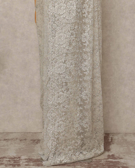 Ivory Silver Premium French Metallic Chantilly Saree Lace 5.5 Mtrs Length 110 Cms Width Designer Net Fabric Made In France, Blouse Not Included-D28124