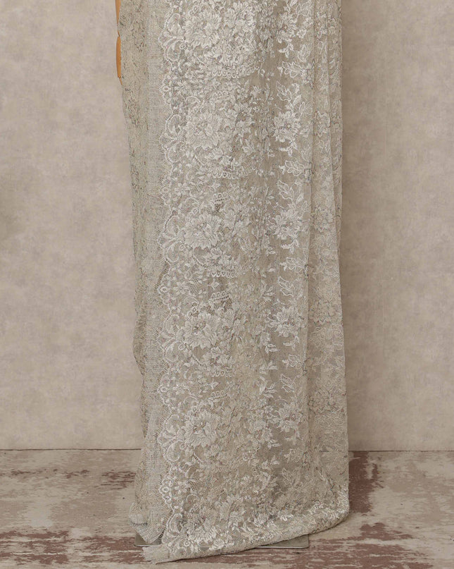 Ivory Silver Premium French Metallic Chantilly Saree Lace 5.5 Mtrs Length 110 Cms Width Designer Net Fabric Made In France, Blouse Not Included-D28124