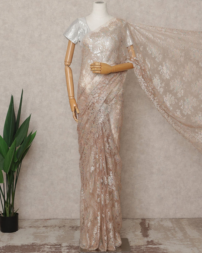 Champagne Pink Premium French Metallic Chantilly Lace Saree, Width 110 Cms, Length 5.5 Mtrs, Imported from France-D25693