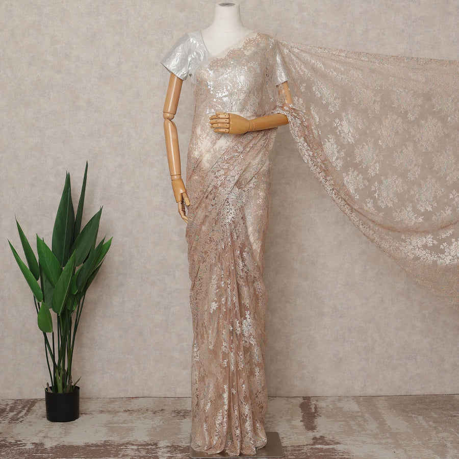 Champagne Pink Premium French Metallic Chantilly Lace Saree, Width 110 Cms, Length 5.5 Mtrs, Imported from France-D25693