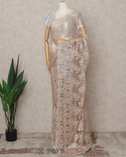 Champagne Pink Premium French Metallic Chantilly Lace Saree, Width 110 Cms, Length 5.5 Mtrs, Imported from France-D25693