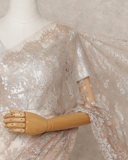Champagne Pink Premium French Metallic Chantilly Lace Saree, Width 110 Cms, Length 5.5 Mtrs, Imported from France-D25693