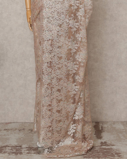 Champagne Pink Premium French Metallic Chantilly Lace Saree, Width 110 Cms, Length 5.5 Mtrs, Imported from France-D25693