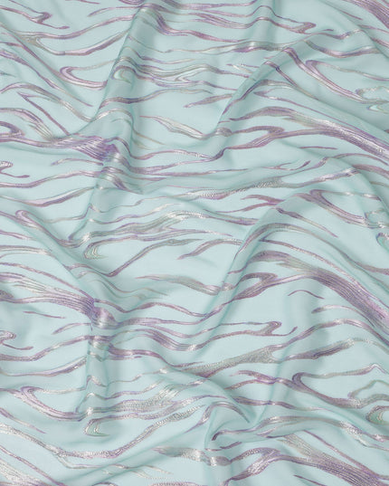 Aqua Blue Premium Pure Silk Chiffon Fabric with Metallic Lurex Design 110 Cms Width, Made in South Korea-D25862